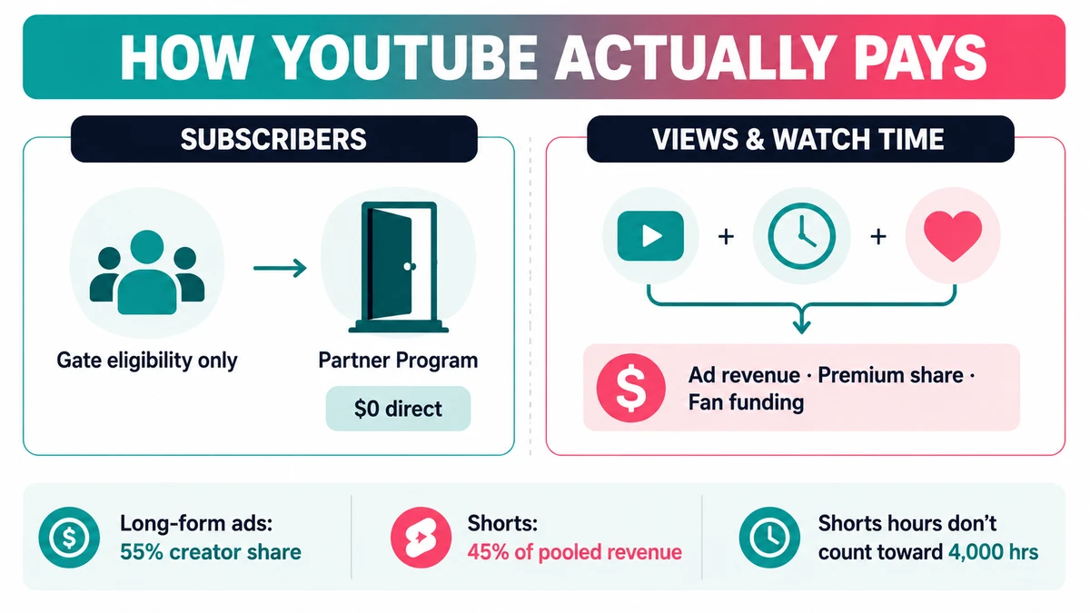 Diagram of how YouTube pays fitness creators: subscribers gate eligibility while monetized views, Premium watch time, and fan funding produce revenue