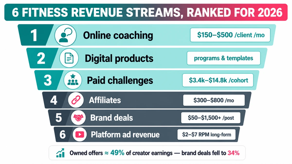 Ranked infographic of the six fitness creator revenue streams in 2026, from online coaching down to platform ad revenue