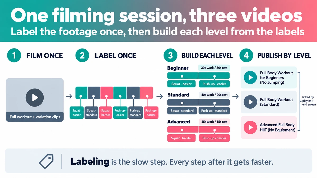One filming session labeled once and built into beginner, standard and advanced follow-along workout videos