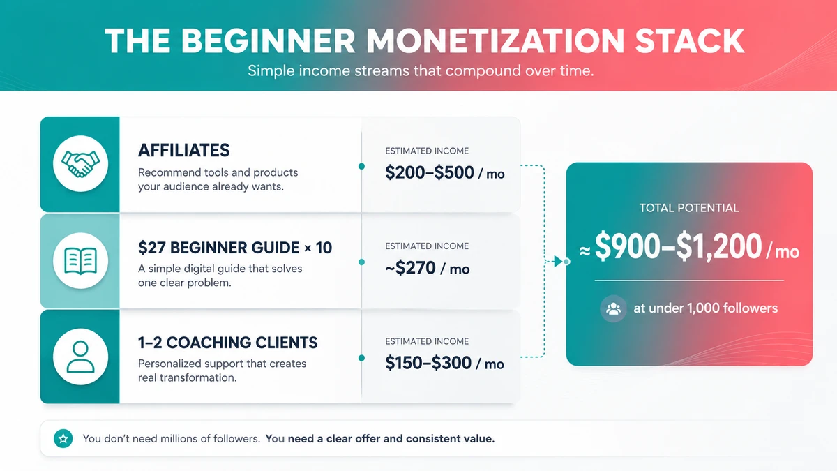 Diagram of a beginner fitness creator monetization stack — coaching, a low-ticket digital guide, and affiliates — summing to roughly $900 to $1,200 per month at under 1,000 followers