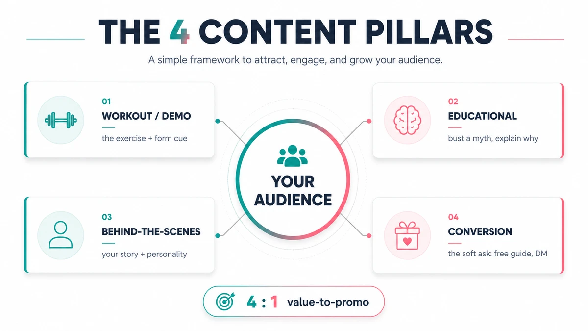 Diagram of the four fitness content pillars — workout, educational, behind-the-scenes, and conversion — arranged around a central audience, with a 4:1 value-to-promotion ratio label