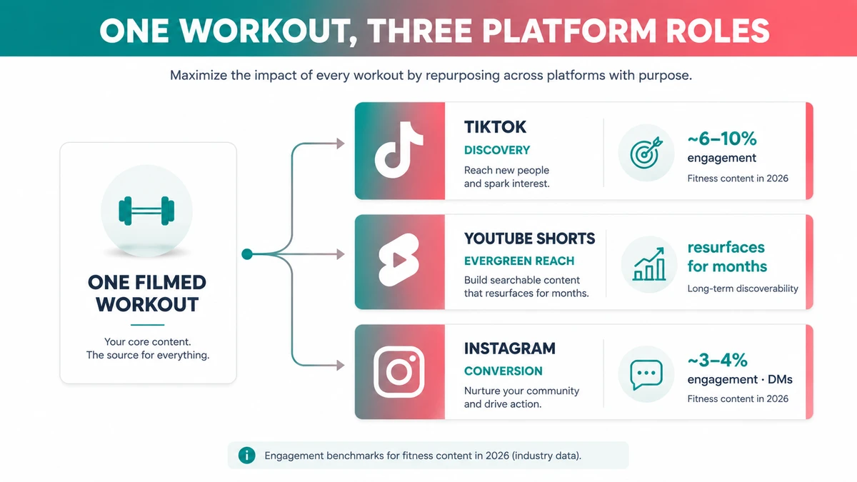 Diagram showing a single filmed workout feeding three platforms — TikTok for discovery, YouTube Shorts for evergreen reach, Instagram for conversion — with 2026 fitness engagement rates labeled on each