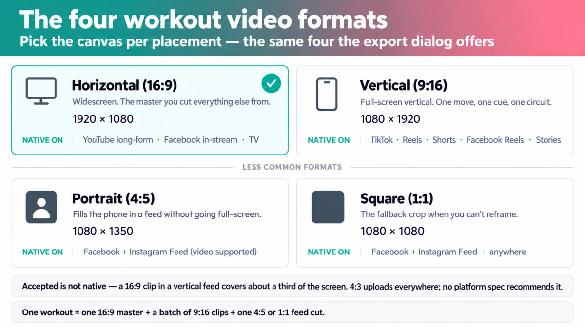 The four workout video formats side by side: 16:9 at 1920×1080, 9:16 at 1080×1920, 4:5 at 1080×1350 and 1:1 at 1080×1080, each labelled with its native platforms