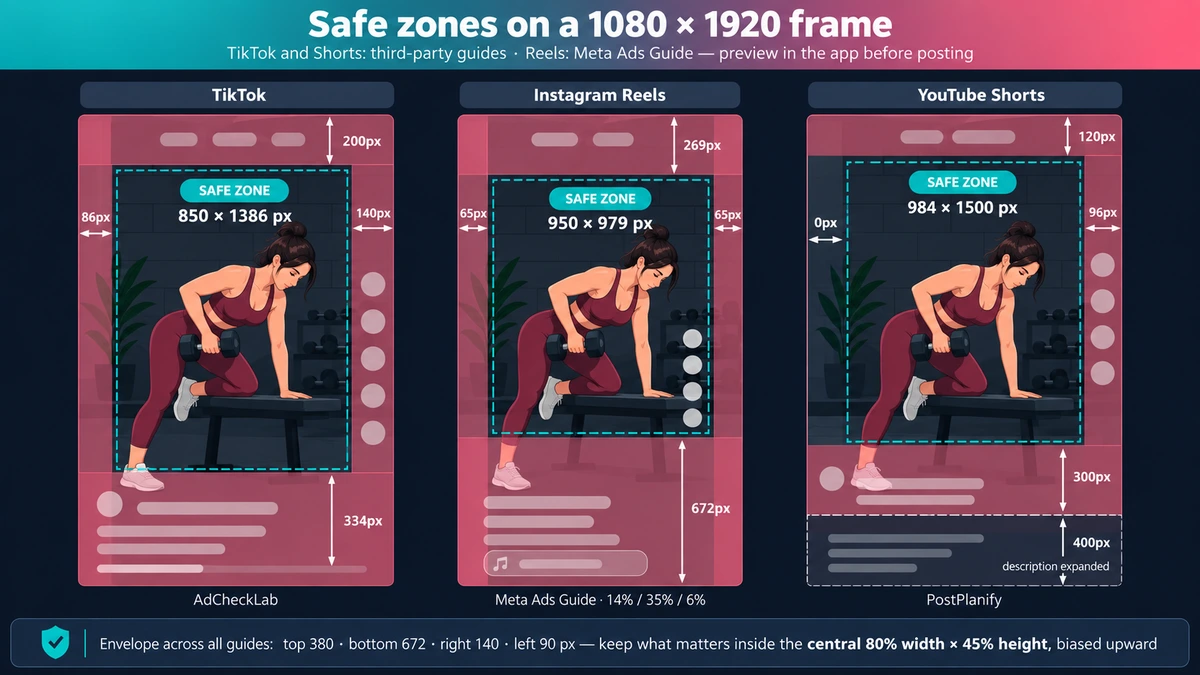 Three 9:16 frames side by side for TikTok, Instagram Reels and YouTube Shorts, each with the top bar, caption area and right-hand action column tinted, and a dashed safe-zone rectangle with the pixel margins published by third-party guides