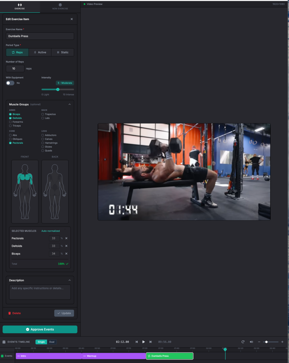 AI events timeline with muscle group analysis