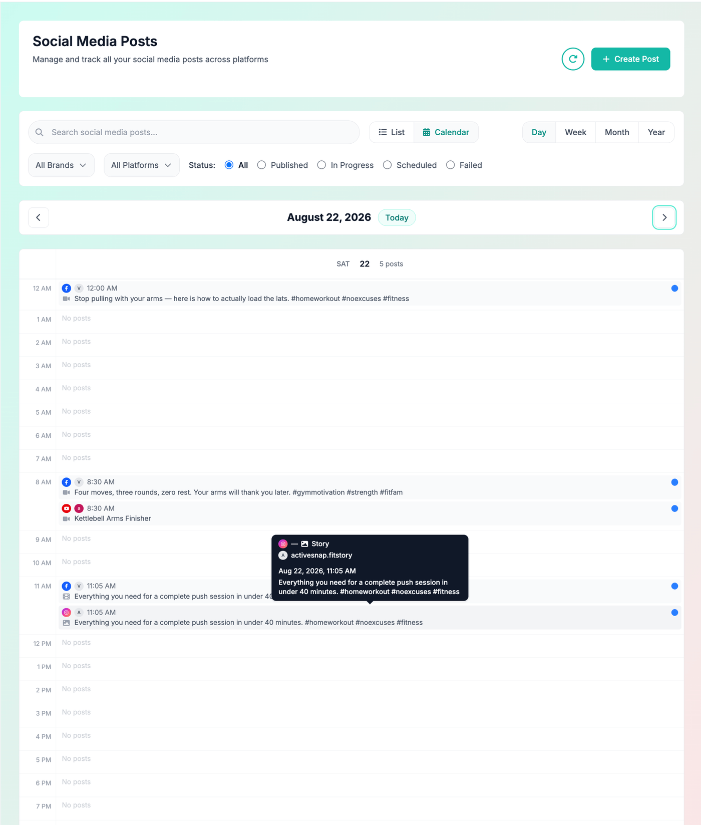 The Content Calendar in Day view, with a single day’s posts and a preview of one scheduled Story