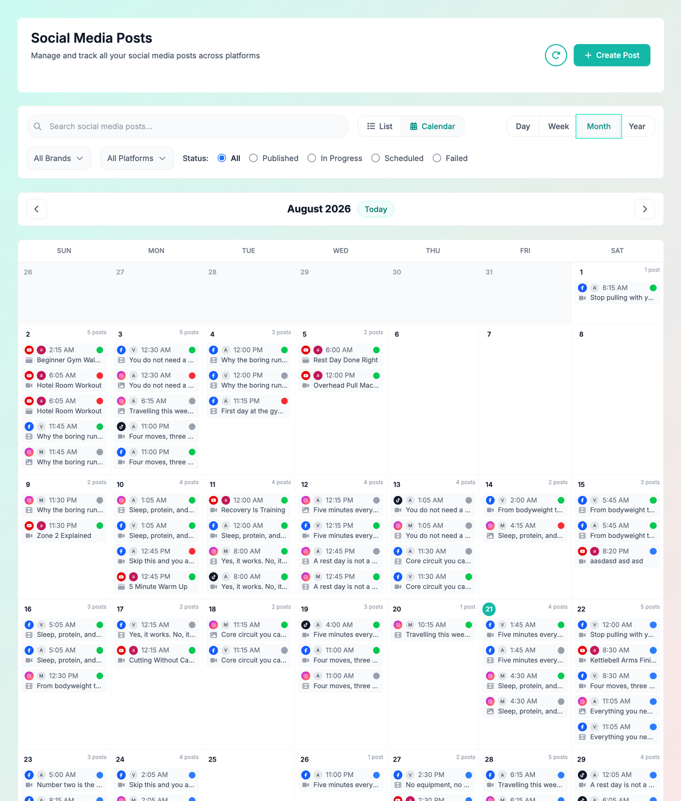 The Content Calendar in Month view, showing scheduled and published posts across a full month