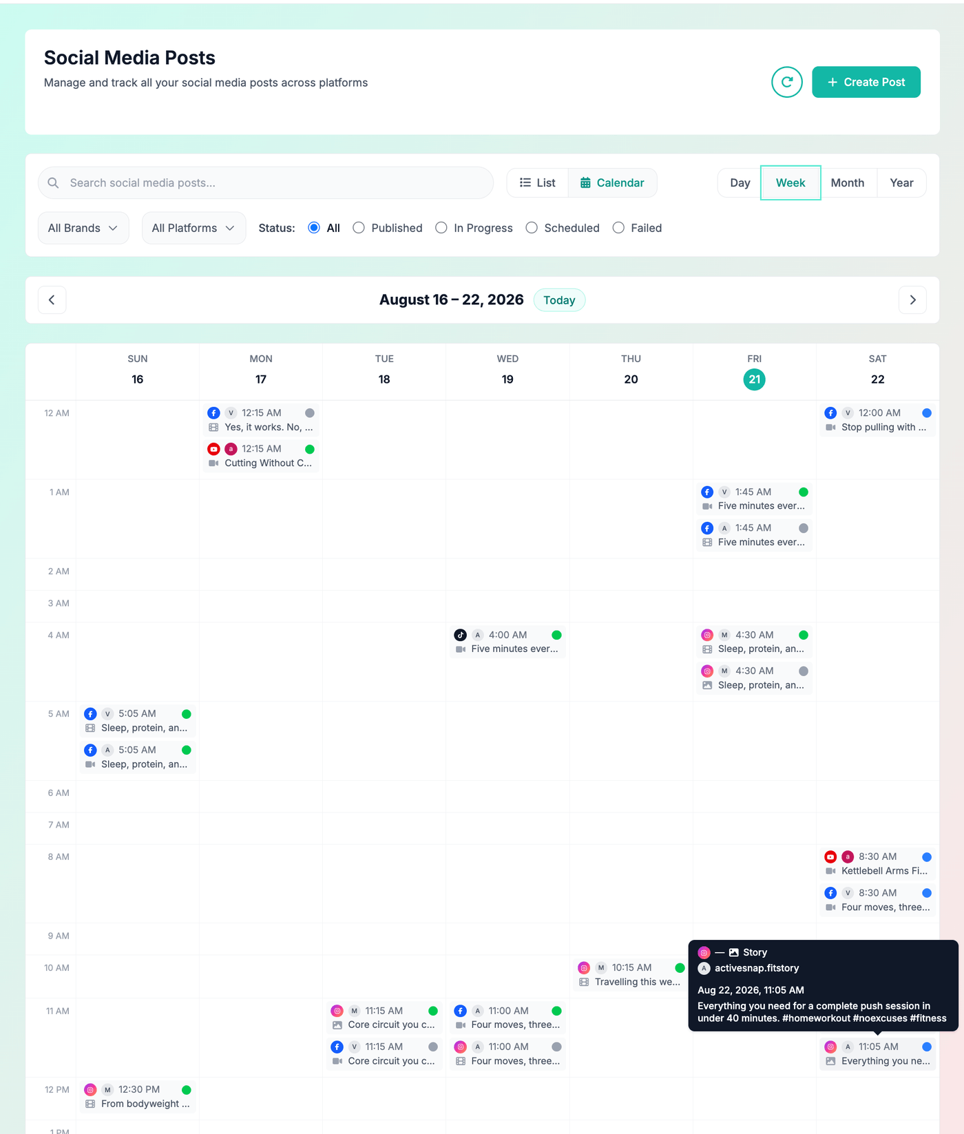 The Content Calendar in Week view, laying scheduled posts out by day and hour