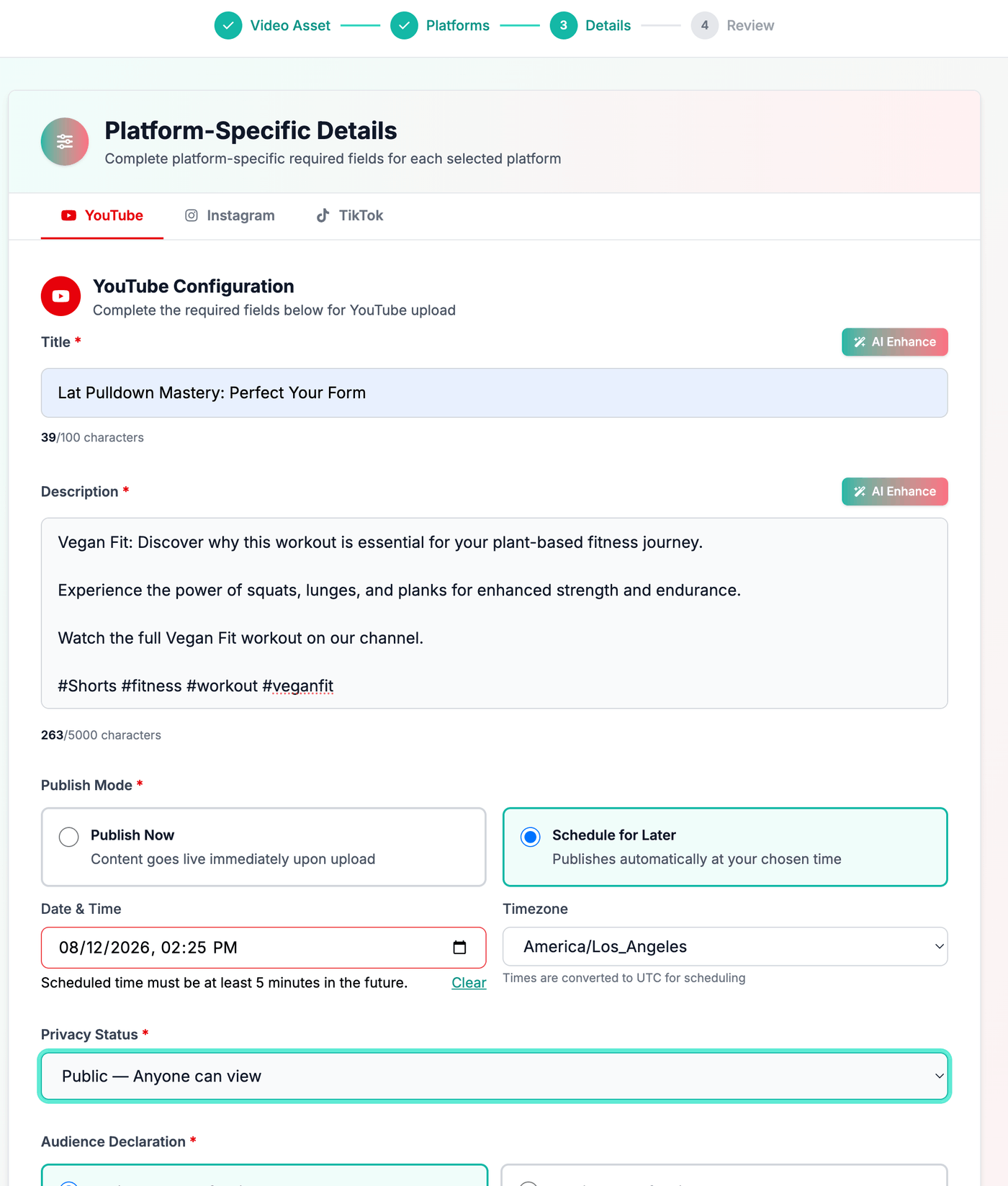 Step 3 of the Social Media Posts wizard: YouTube title, description, publish mode, and scheduled date and time