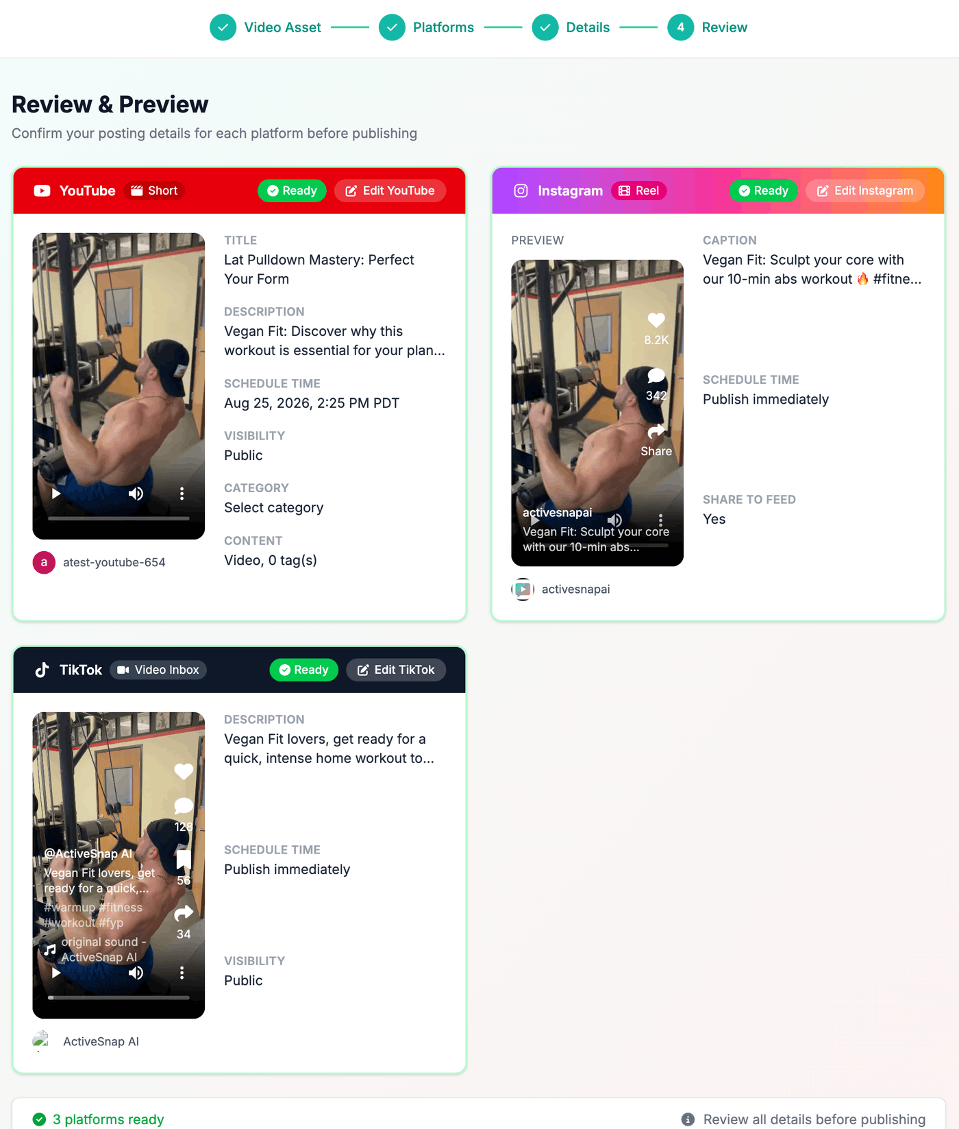 Step 4 of the Social Media Posts wizard: side-by-side YouTube, Instagram, and TikTok previews before publishing