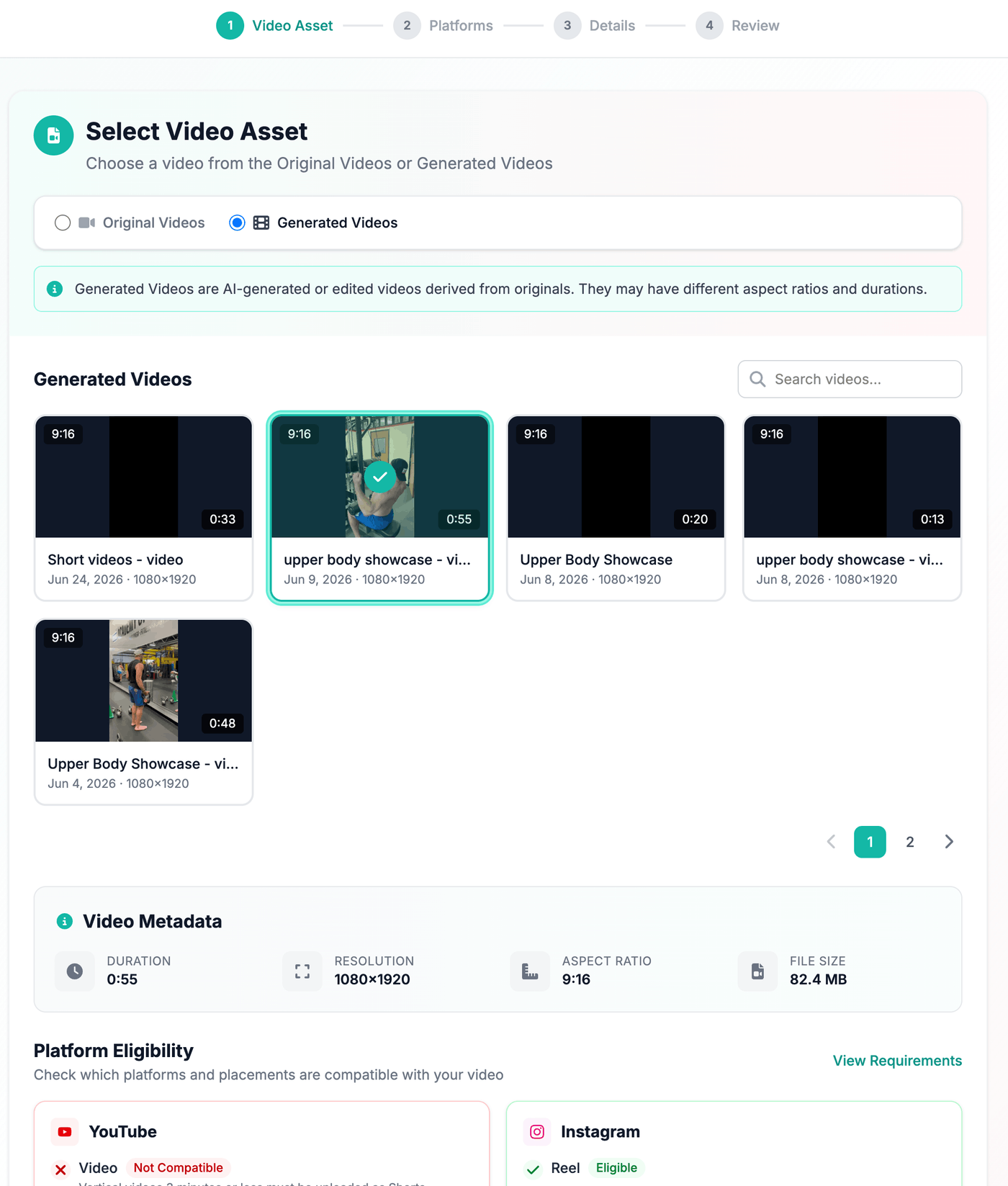 Step 1 of the Social Media Posts wizard: choosing a Generated Video, with per-platform eligibility for YouTube, Instagram, Facebook, and TikTok