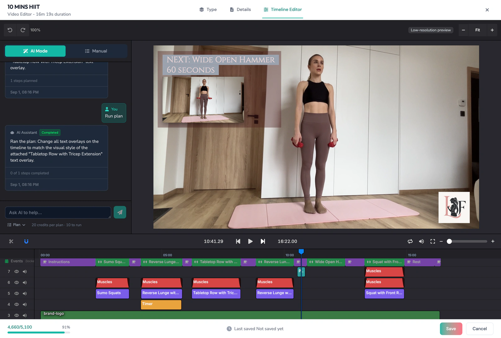 Detected segments with timers and a picture-in-picture next-exercise preview applied on the timeline