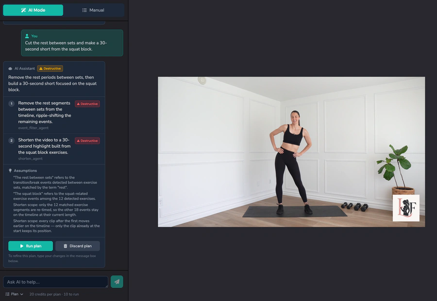 The AI plan generated from the instruction: rest periods removed and a short cut from the squat block