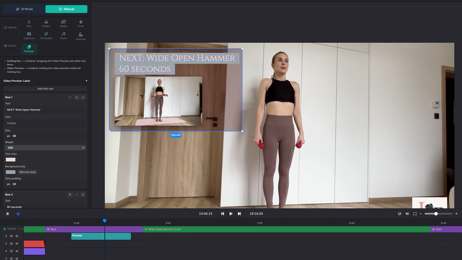 The next-exercise picture-in-picture preview being configured in Manual Mode