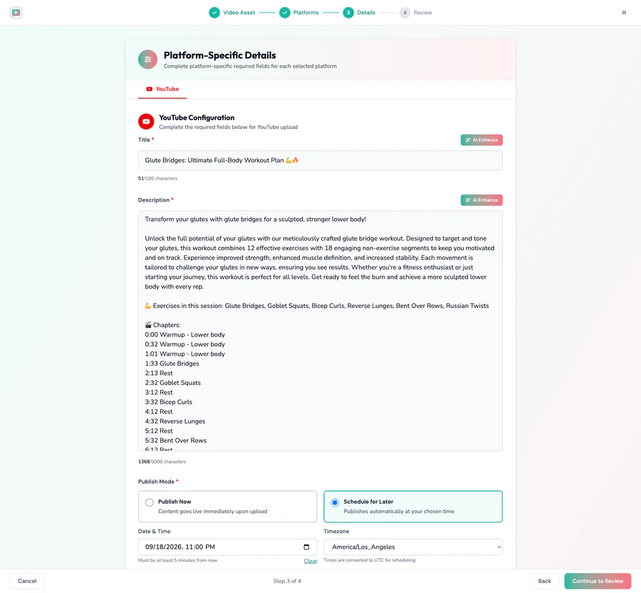 ActiveSnap upload wizard: a chapter list generated from the detected exercise segments sits inside the video description, above a scheduled publish time
