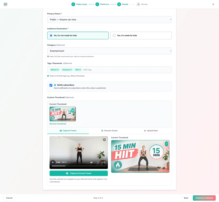 The same upload step further down: privacy, audience and category fields, keyword tags, and a custom thumbnail captured from a frame of the workout itself