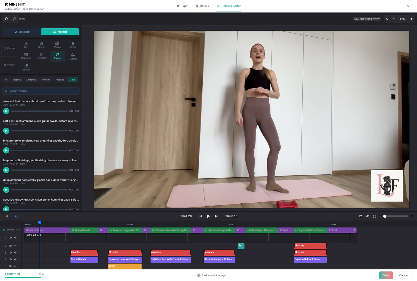 ActiveSnap’s background music library filtered by intensity, with the chosen track sitting on its own timeline lane
