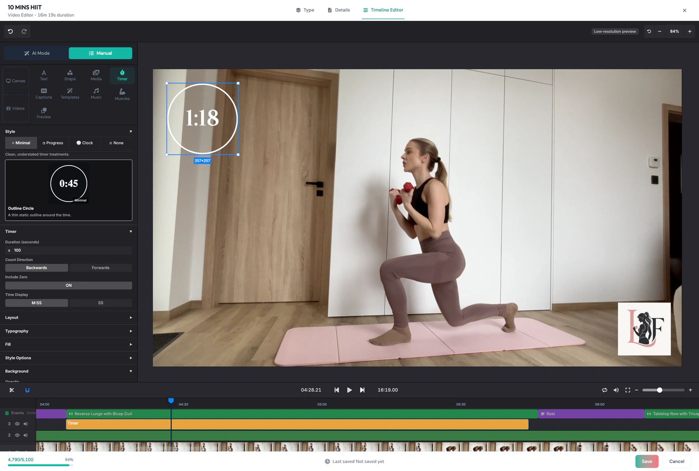 Countdown timer overlay in the ActiveSnap fitness video editor, counting 1:18 down over a detected lunge segment, beside the timer style presets