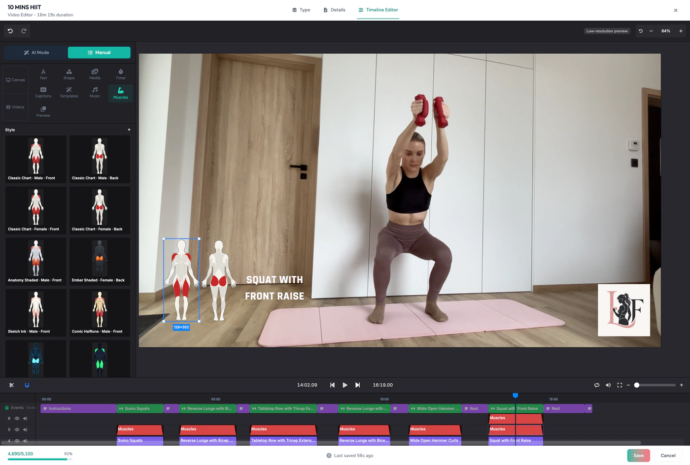 Muscle-group figures highlighting the worked muscles next to a “Squat with Front Raise” label, chosen from the editor’s anatomy chart styles
