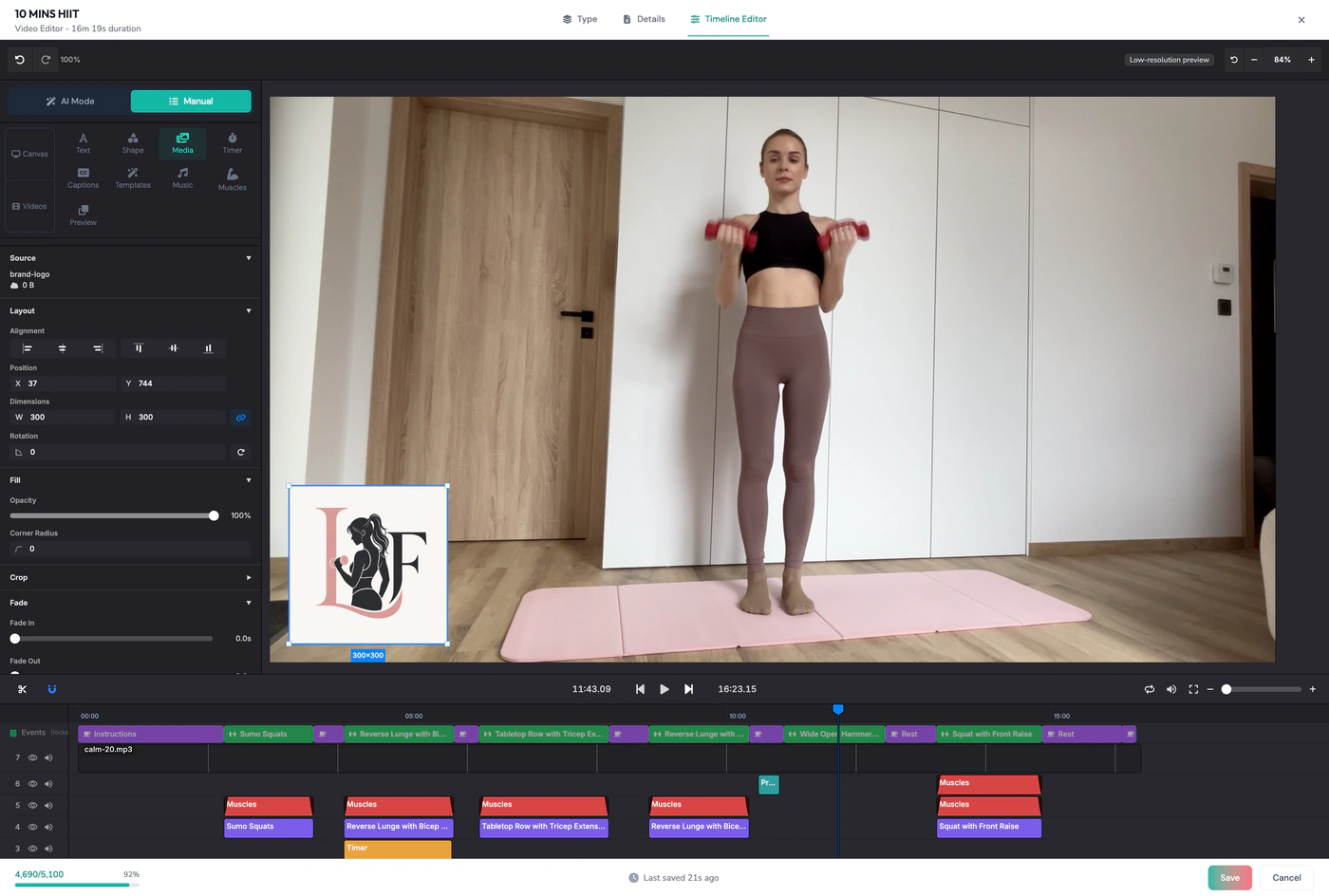 A brand logo placed as a watermark on a workout clip, with the editor’s position, size and opacity controls open beside it
