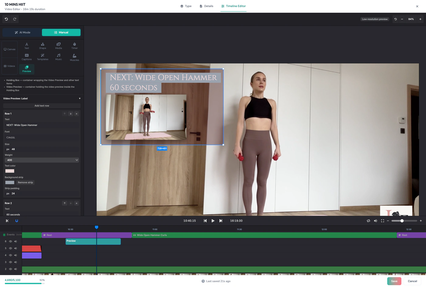Picture-in-picture preview window replaying an upcoming clip under a creator-written “Next: Wide Open Hammer, 60 seconds” label