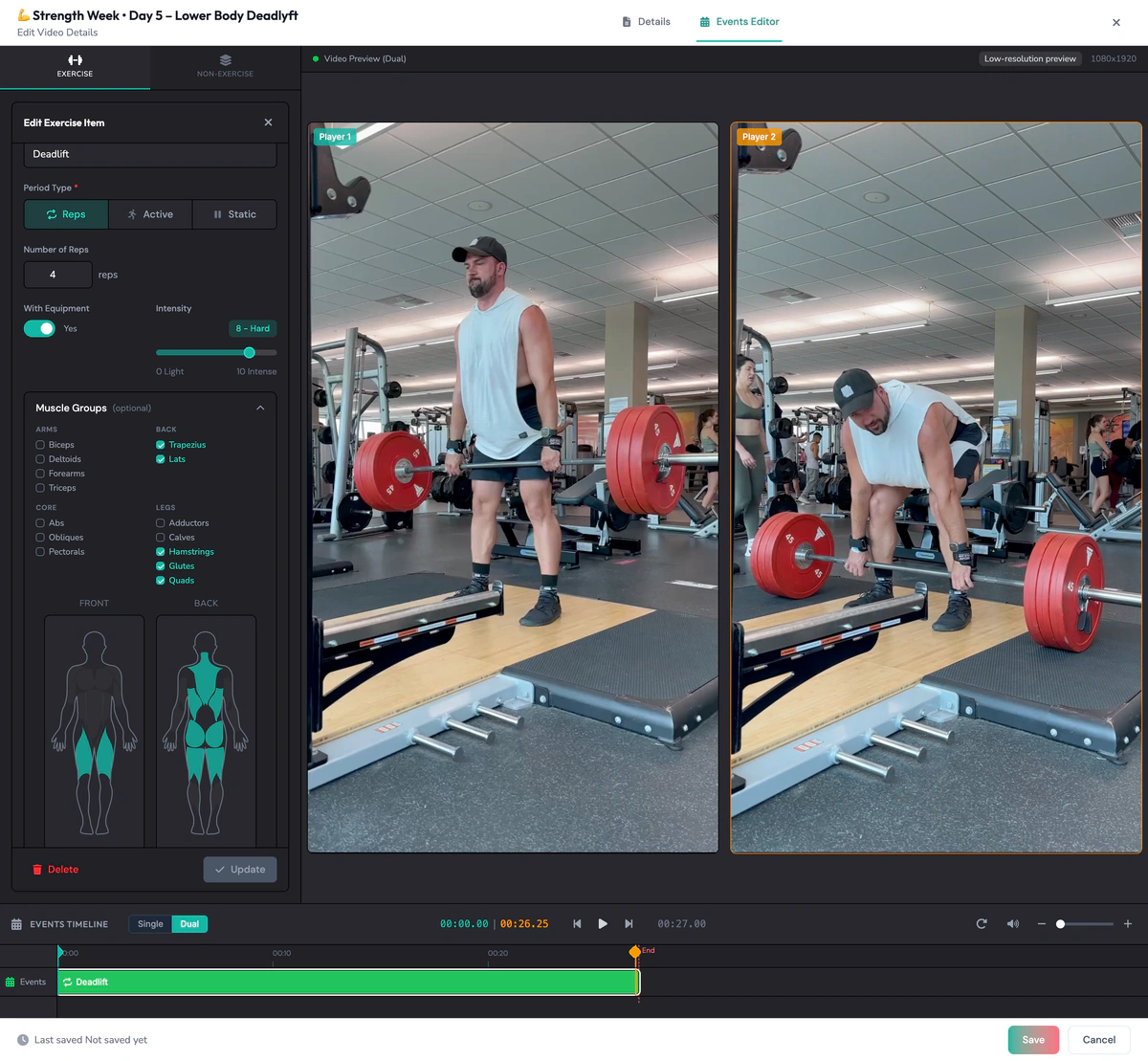 Manual editing in ActiveSnap: the Edit Exercise Item panel setting a deadlift’s rep count, intensity and worked muscle groups, beside a dual-player view of the clip