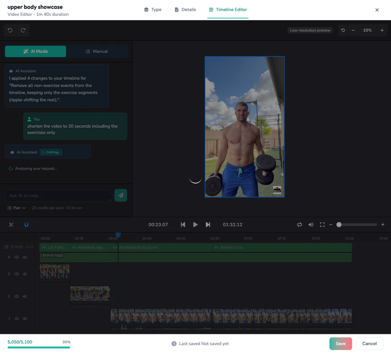 AI assistant trimming the timeline to the exercise segments only