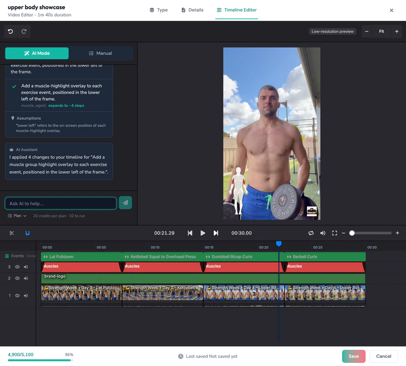 AI assistant adding a muscle-group highlight overlay to every exercise event
