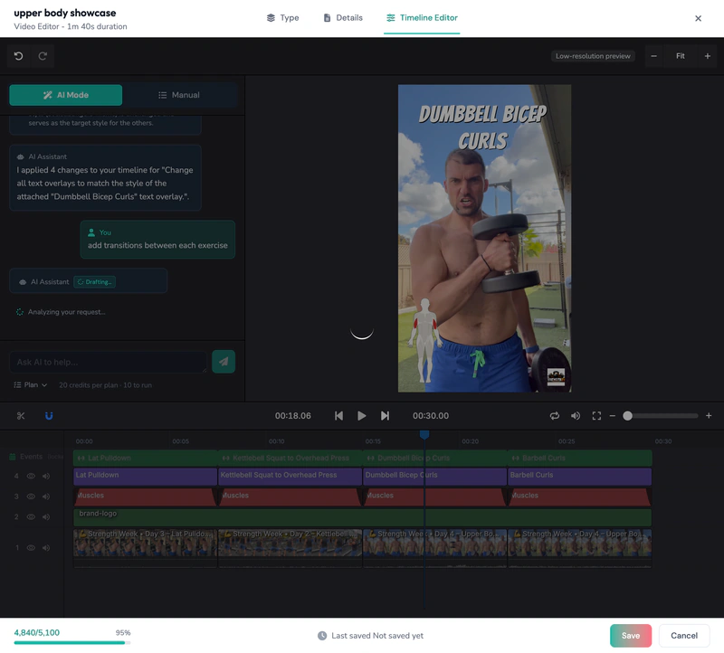 AI assistant adding a fade transition at every exercise boundary
