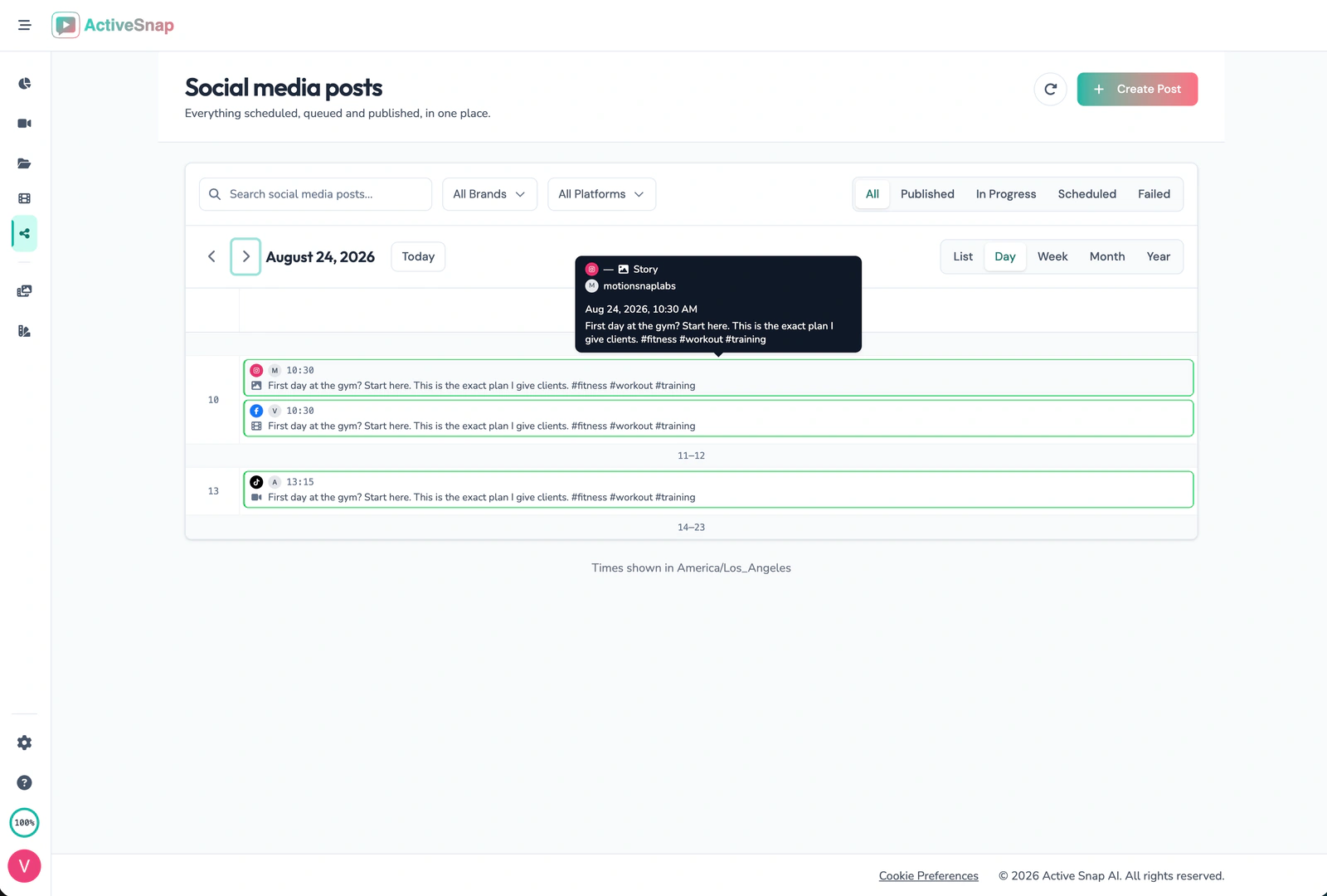 Content Calendar day view with the posts queued for one day