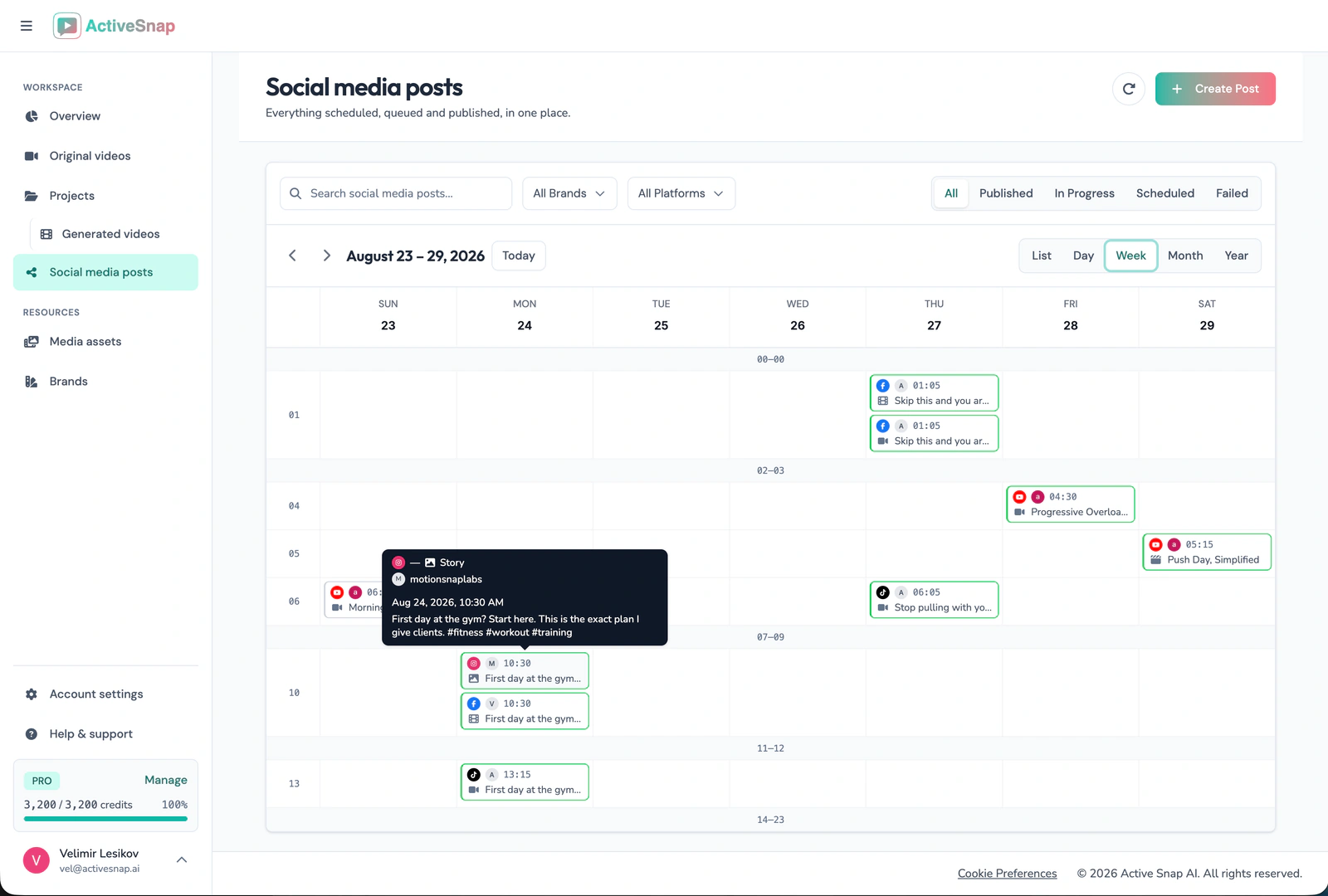 Content Calendar week view with posts scheduled across the week