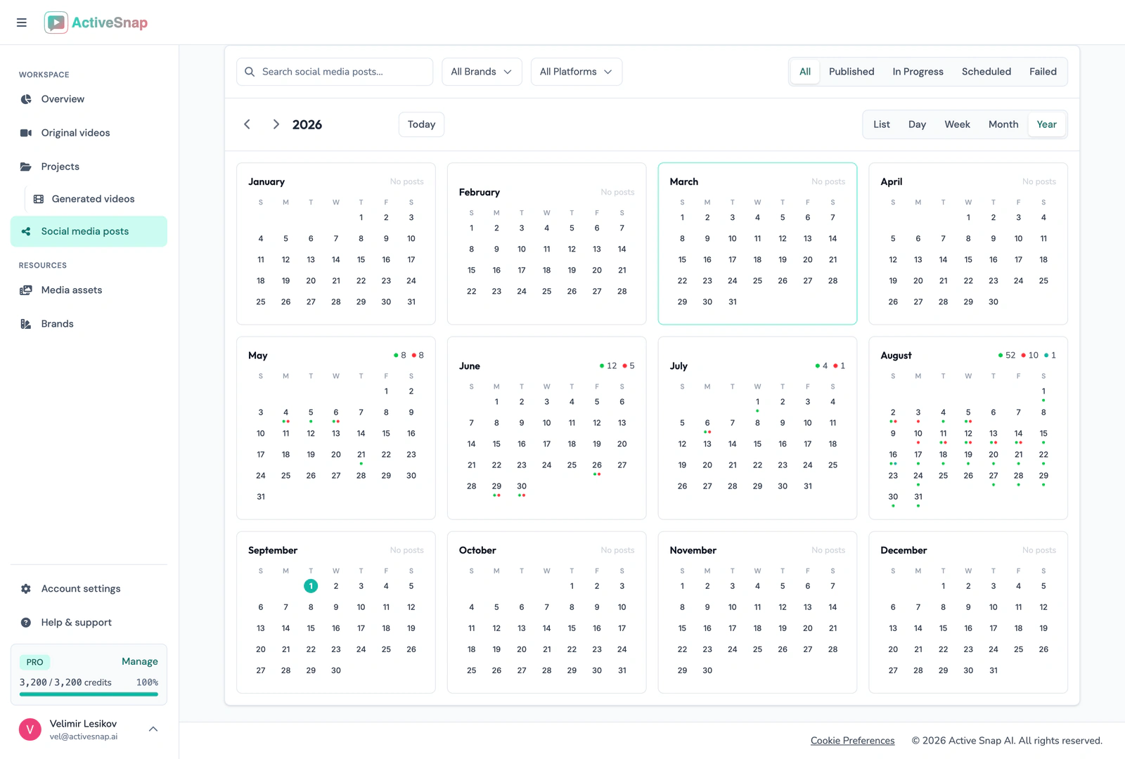 Content Calendar year view with post counts per month