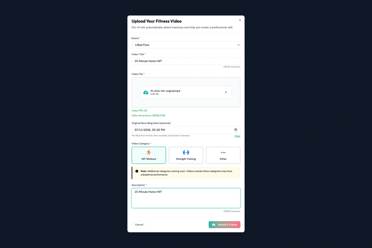 Upload dialog with the session file, category and description filled in