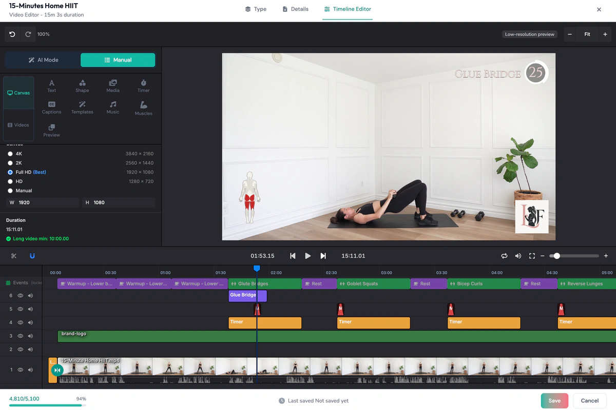 The same session with the exercise label, timer, muscle highlight and brand logo applied