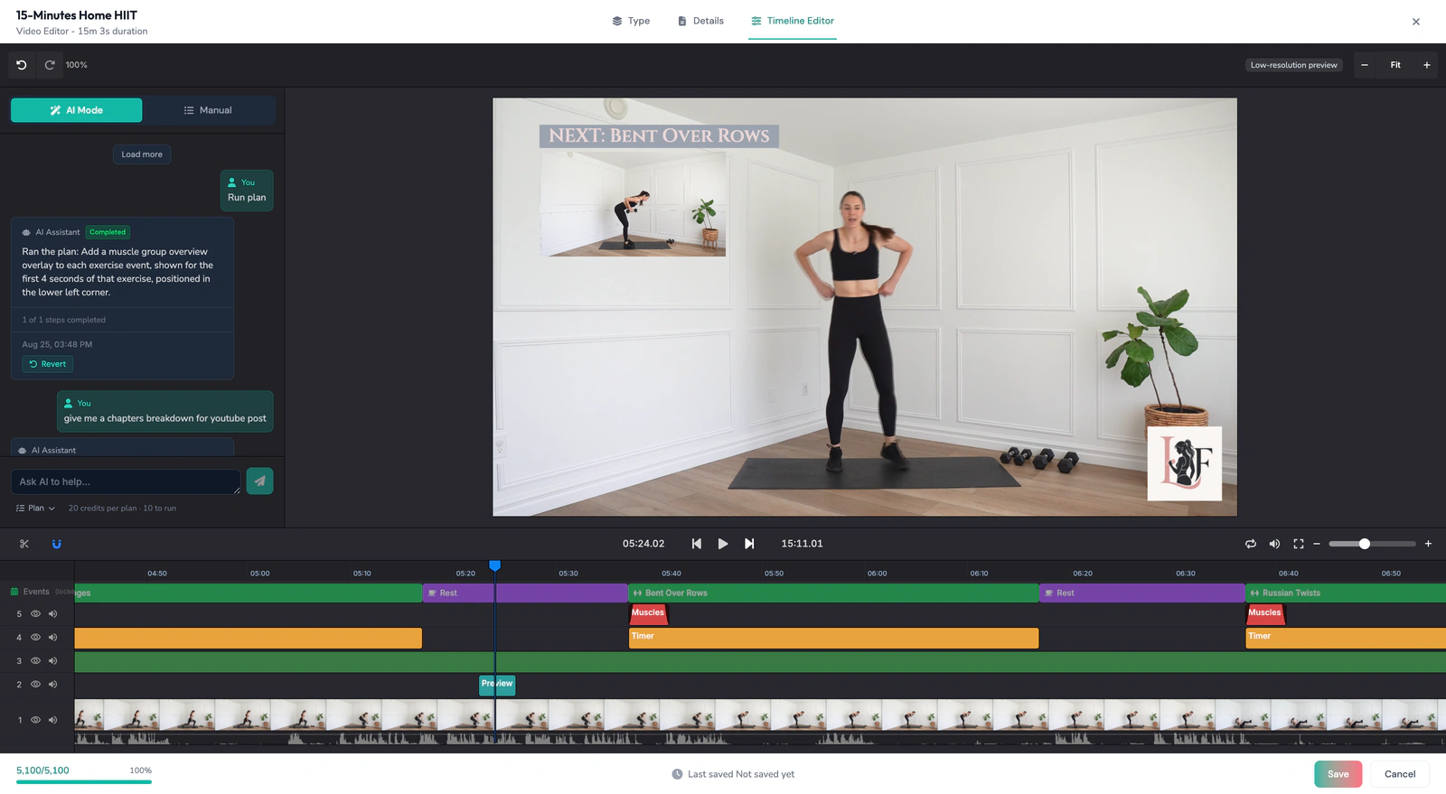 The same clip with the next-exercise label, timers and branding applied