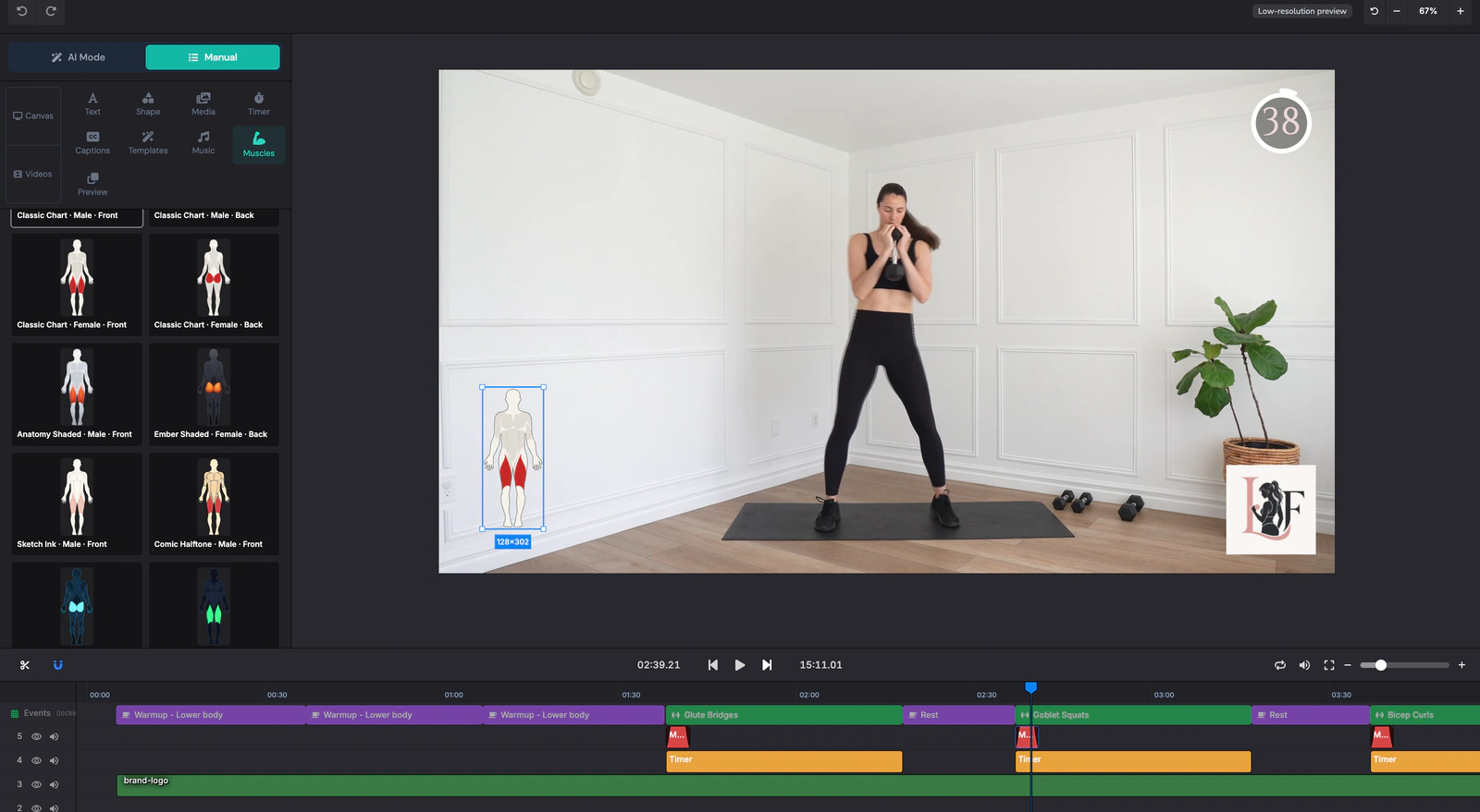 Manual mode with the muscle-group template library open and a highlight overlay placed on the frame