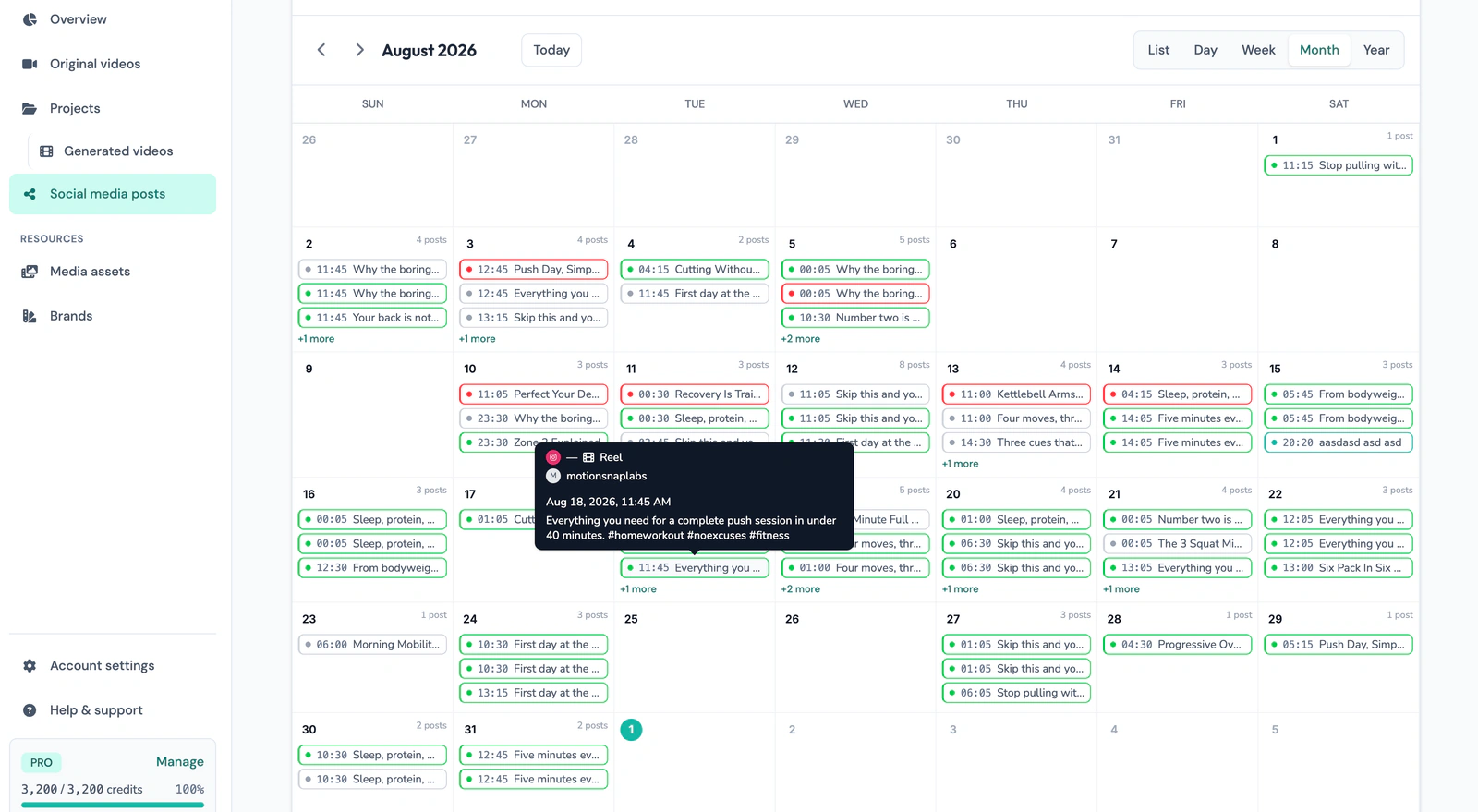 Content Calendar month view with the week scheduled