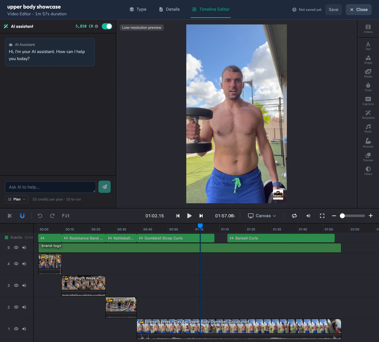 Upper-body session in the timeline editor before any instruction, no overlays