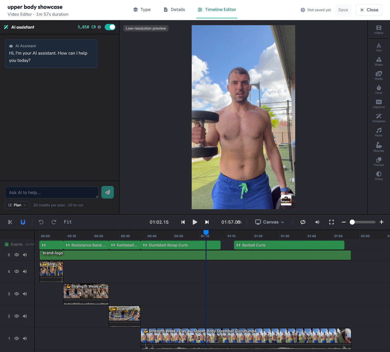 Upper-body session in the timeline editor before any instruction, no overlays