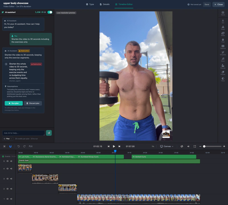 AI assistant trimming the timeline to the exercise segments only