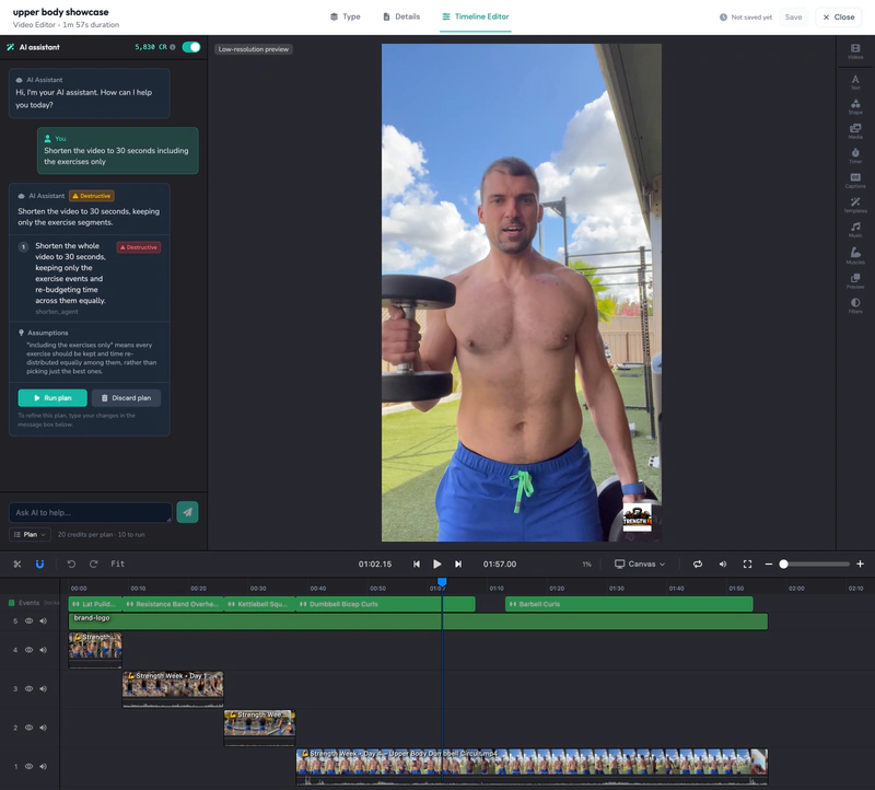 AI assistant trimming the timeline to the exercise segments only