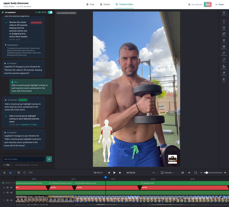 AI assistant adding a muscle-group highlight overlay to every exercise event