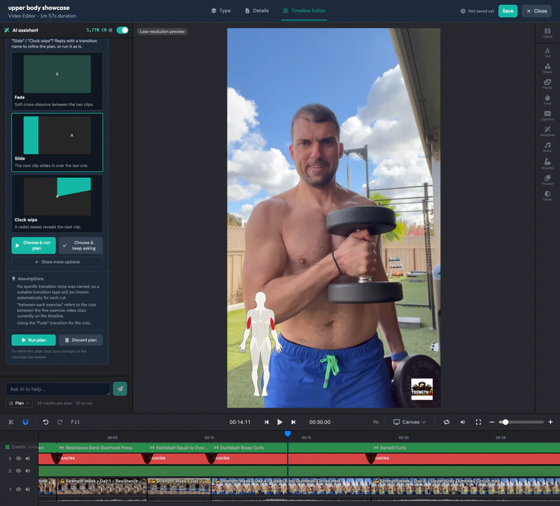 AI assistant adding a fade transition at every exercise boundary