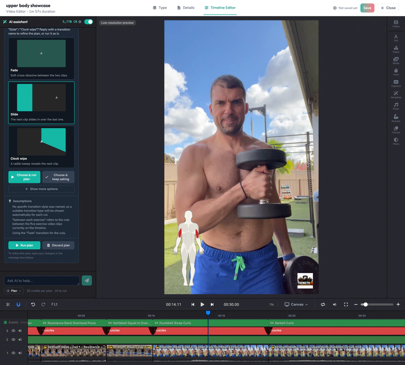 AI assistant adding a fade transition at every exercise boundary