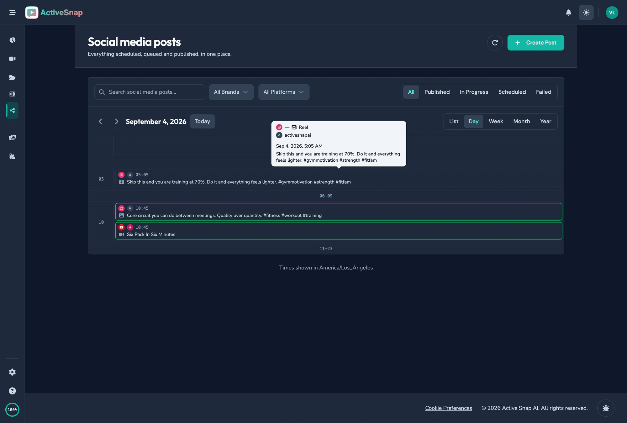 Content Calendar day view with the posts queued for one day