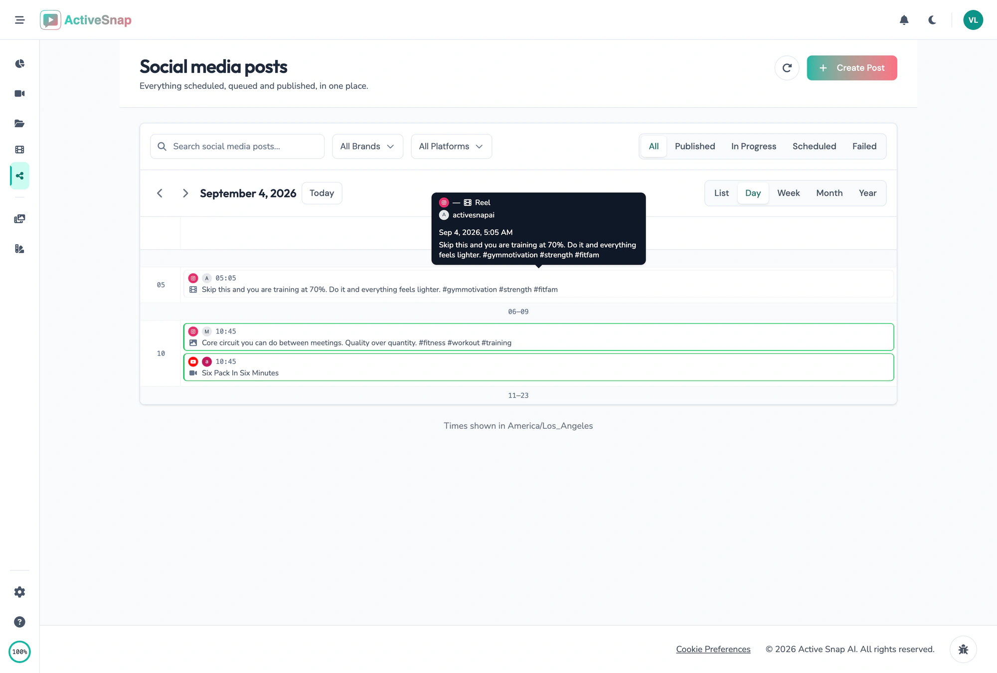 Content Calendar day view with the posts queued for one day