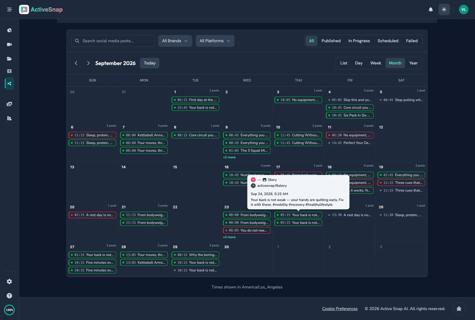 Content Calendar month view with every scheduled and published post