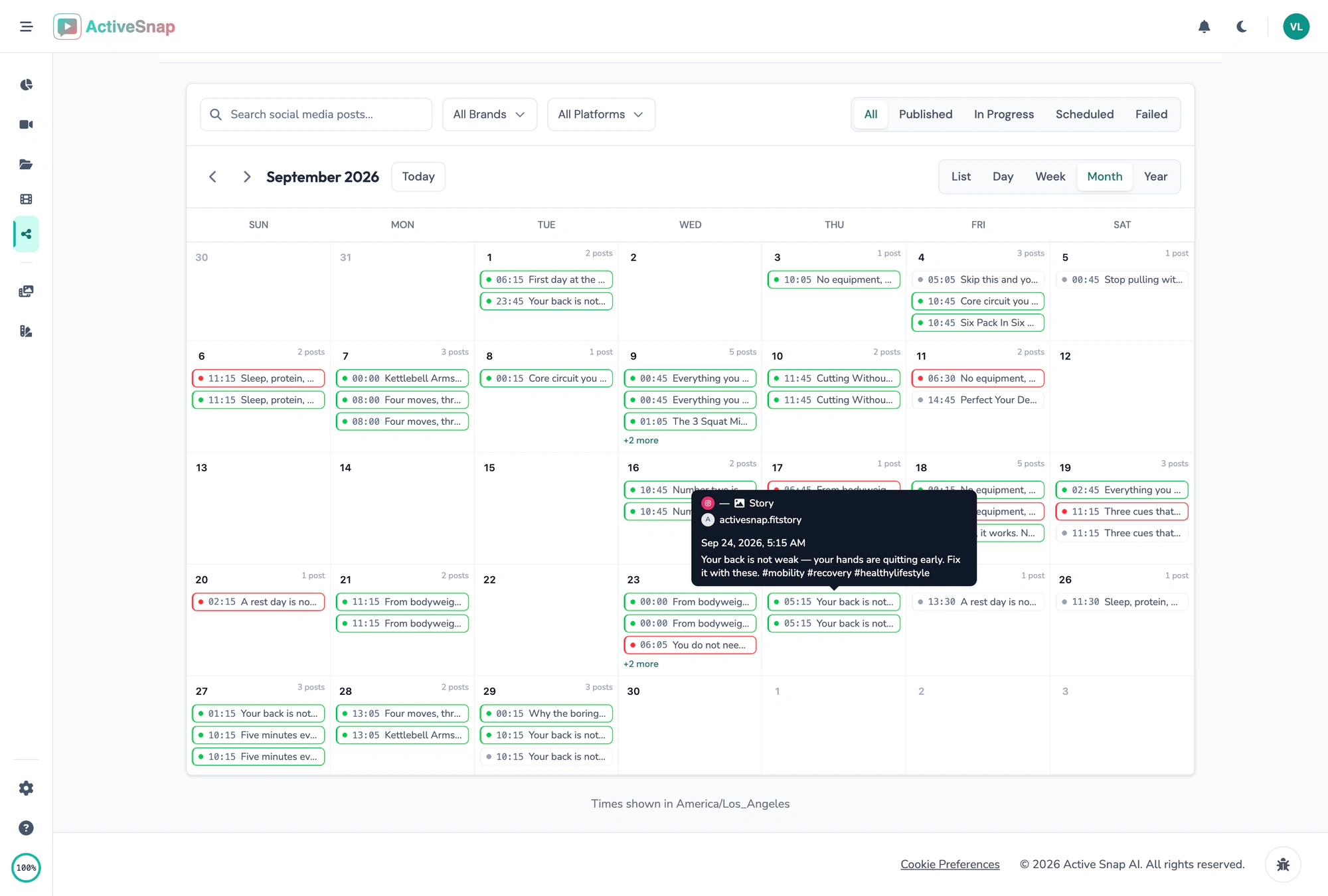 Content Calendar month view with every scheduled and published post
