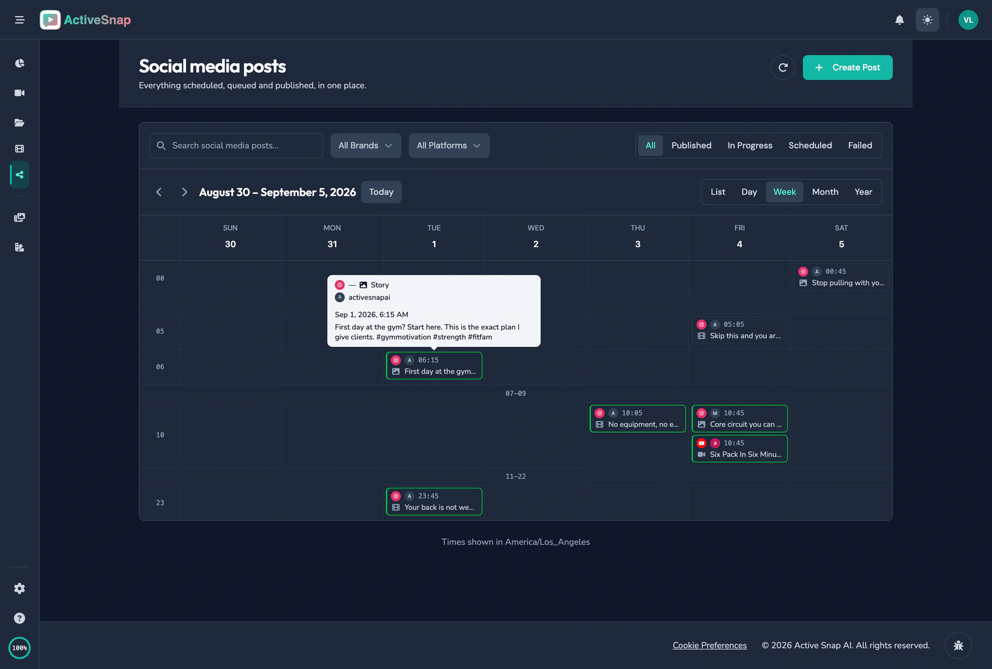 Content Calendar week view with posts scheduled across the week