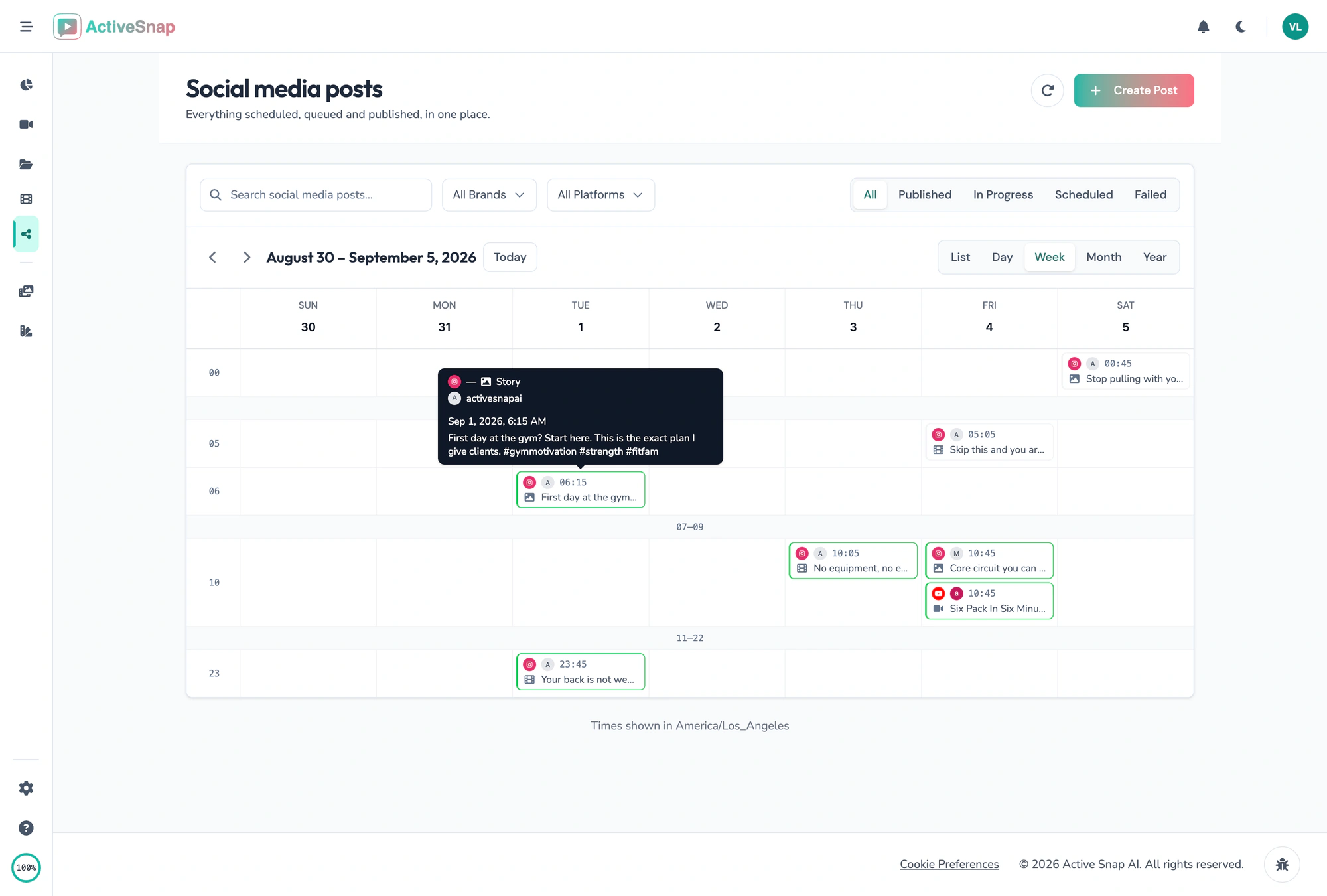 Content Calendar week view with posts scheduled across the week